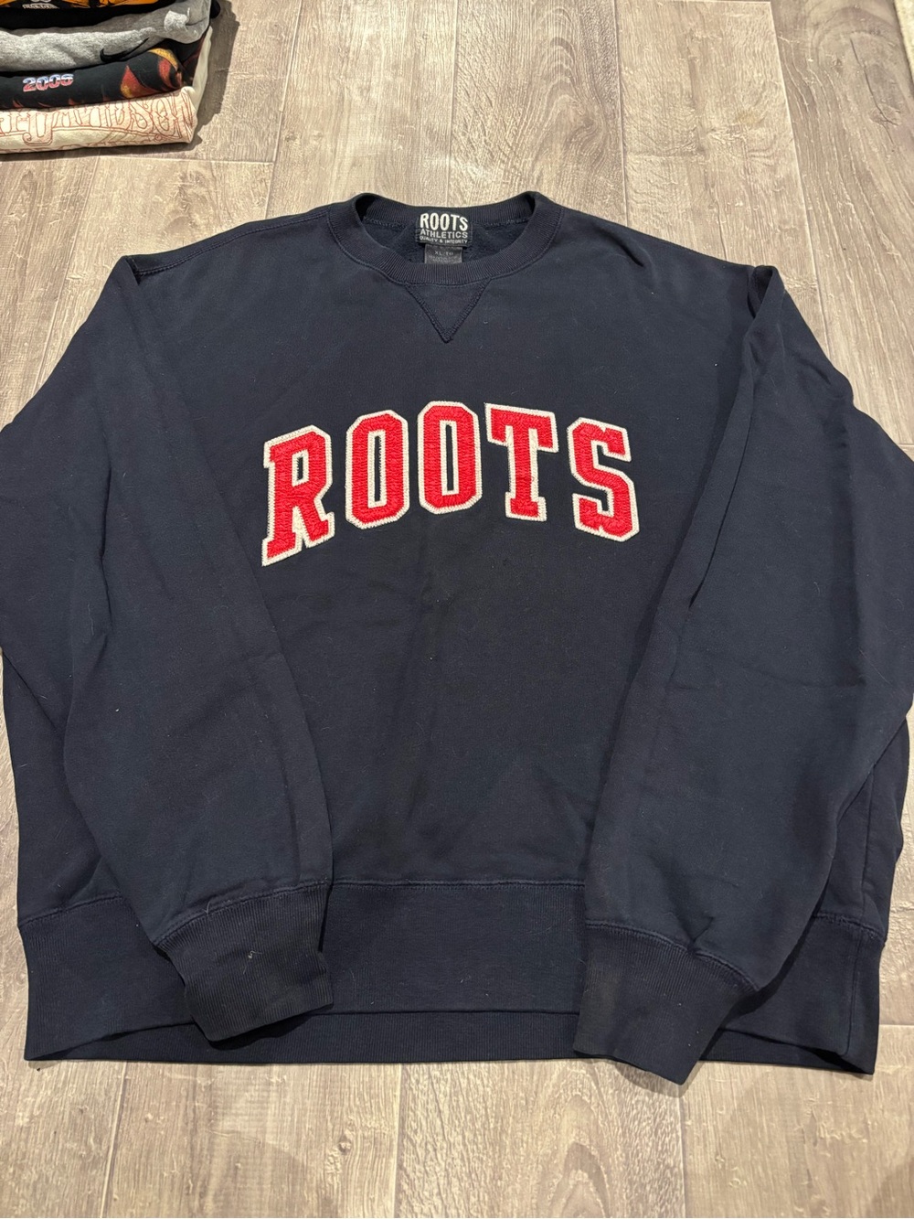 Roots Men's Navy Crewneck Sweatshirt with Red Lettering - Picture 1 of 3